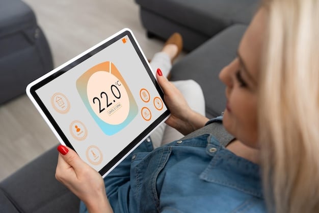 A close-up of a smart thermostat displaying energy consumption data, highlighting the potential for optimizing energy usage in a home with solar panels. The display is clear and modern, showing real-time energy savings.