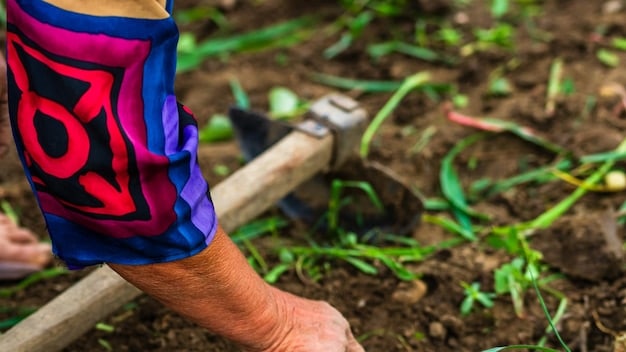 A close-up shot of a gardener amending the soil in a raised garden bed with organic compost. The compost appears rich and dark, and the gardener is using a small hand tool to mix it into the existing soil. Various gardening tools like a trowel and hand rake are resting nearby.