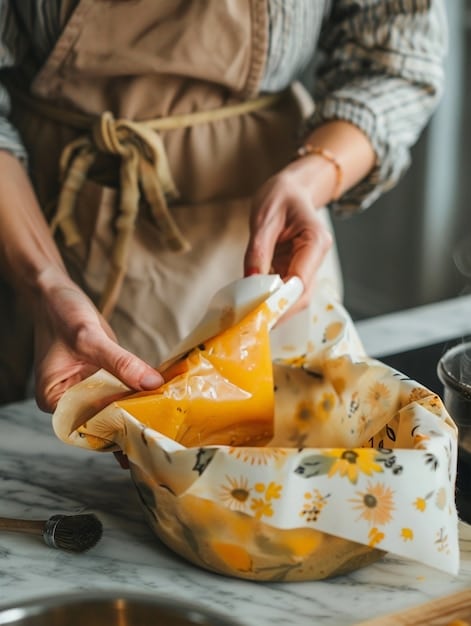 A person in a kitchen using beeswax wraps to cover a bowl of food and wrap a piece of fruit, demonstrating a sustainable alternative to plastic wrap. Other reusable kitchen items are visible in the background.