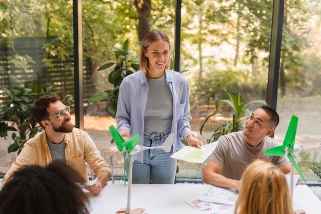 A classroom setting where students are actively engaged in a discussion about renewable energy sources and their benefits for the environment.