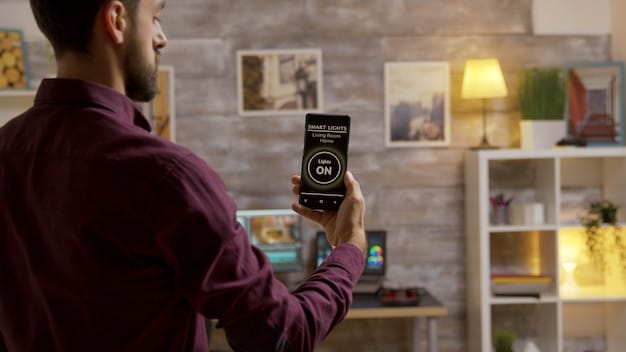 An image showing a user interacting with a smart home app on their smartphone. The app displays a dashboard with real-time energy consumption data, including graphs and statistics on electricity usage.