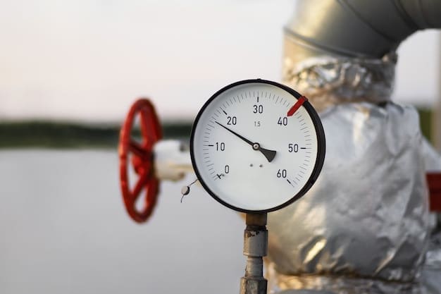 A close-up of a methane leak detection device being used at an oil and gas facility. The device is pointed at a pipeline valve, highlighting the technology used to comply with the new EPA regulations. A technician in safety gear is visible in the background, emphasizing the human element of leak detection and repair.