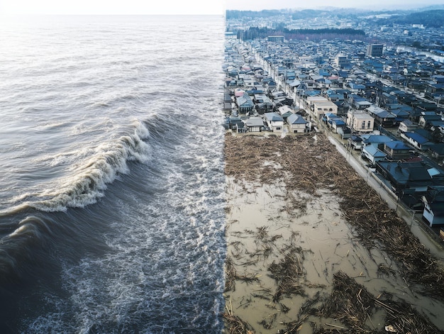 A side-by-side comparison showing a coastal area before and after a major storm surge. The 'before' image shows healthy beachfront homes, while the 'after' image shows significant damage and flooding, emphasizing the destructive impact of climate change on coastal communities.