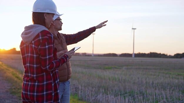 Wind turbine technicians working on a turbine during sunset in a wind farm, with fields and rolling hills in the background.