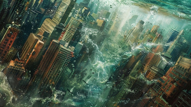 A vibrant, detailed illustration showing the rising sea levels impacting a major US coastal city. Include flooded streets, damaged infrastructure, and displaced residents. Emphasize the contrast between what currently exists and future projections.