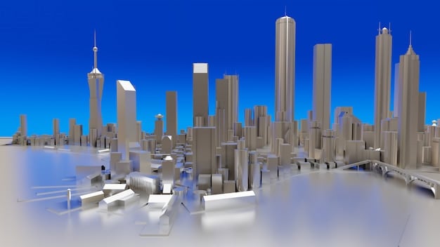 A concept rendering of a coastal city in the United States, featuring elevated roadways, protected wetlands, and buildings designed to withstand flooding. Solar panels and wind turbines are integrated into the cityscape, representing sustainable energy solutions.