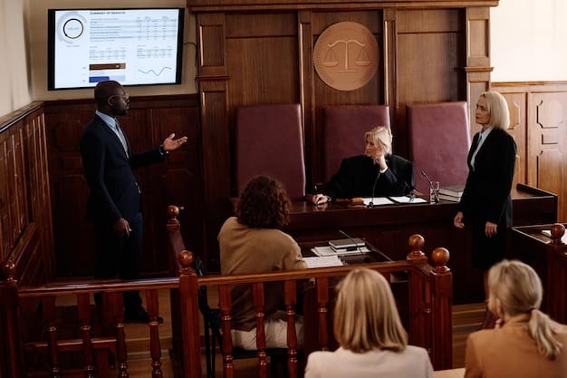 A courtroom scene with lawyers presenting evidence related to climate change, highlighting the legal battle being waged against corporations.