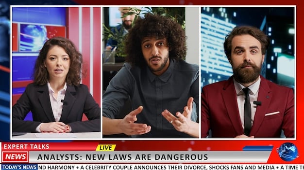 A split screen showing two news broadcasts; one is reporting on the devastating effects of a hurricane, the other is a panel discussing the economic impacts of climate regulations, conveying different perspectives on climate change.
