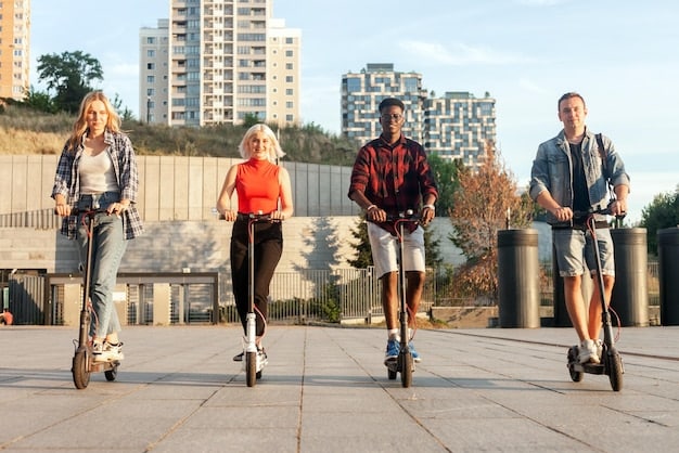 A diverse group of people using different modes of sustainable transportation, such as biking, electric scooters, and walking, in an urban setting with green spaces.