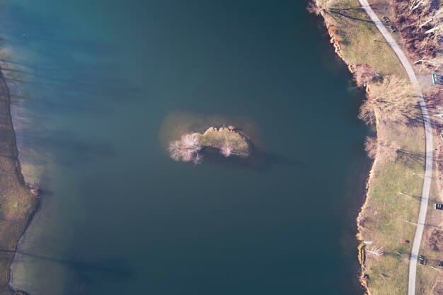 A close-up aerial shot of a river in the US, showing a clear boundary where a heavily deforested area meets the riverbank. The river water near the deforested area is visibly brown and muddy due to sediment runoff, contrasting with the clearer water further downstream.