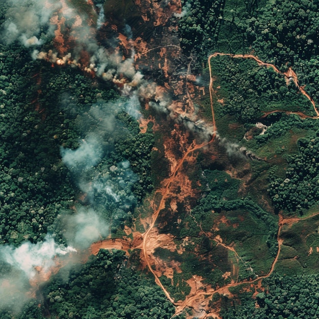 Satellite image showing the contrast between dense forest areas and newly deforested patches, highlighting the increased vulnerability of deforested lands to wildfires.