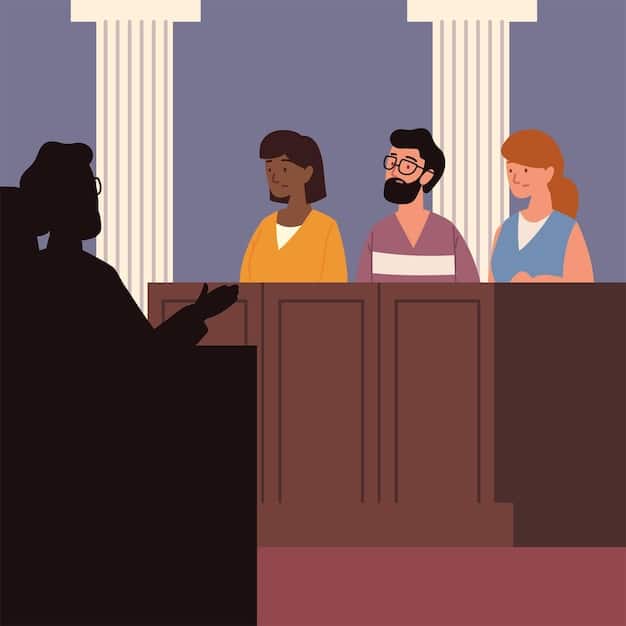 A courtroom scene with indigenous representatives presenting evidence of treaty violations related to deforestation.