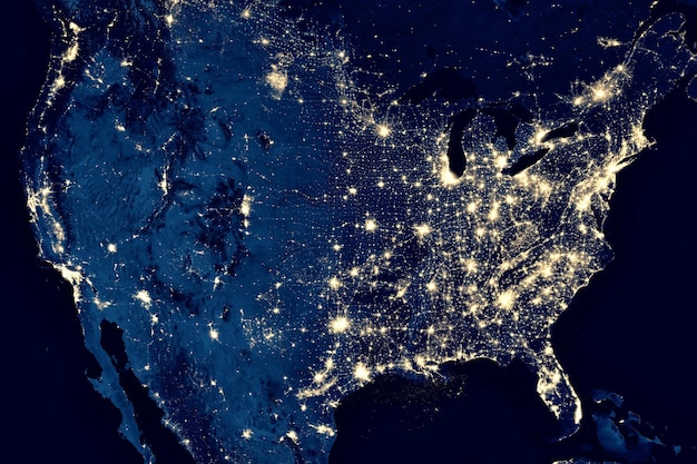 A map of the United States showing areas with high levels of light pollution, overlaid with common bird migration routes. The map highlights the overlap between brightly lit urban areas and critical bird flyways.