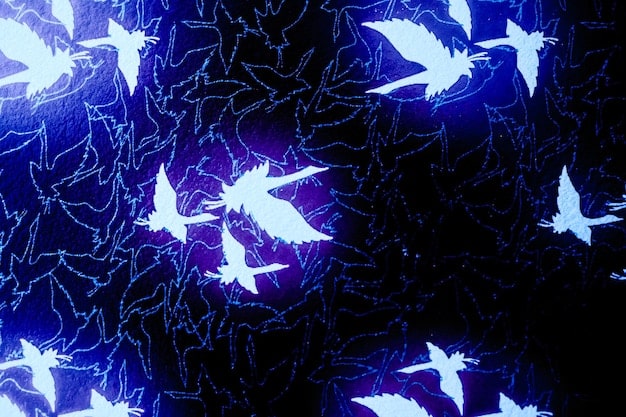 A collage of different species of nocturnal migrating birds, such as thrushes, warblers, and sparrows, each with a small icon representing light pollution effects, like disorientation or collisions.