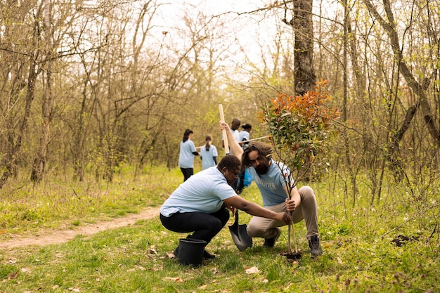 A group of volunteers working together to remove invasive plants from a natural area, highlighting community action and the hands-on approach to combating invasive species.