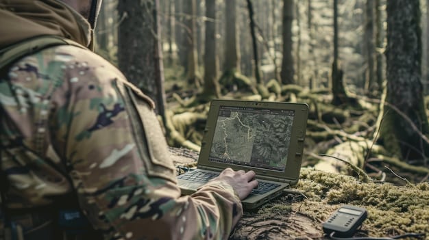 Wildlife researchers examining data on a laptop in a field setting, surrounded by camera traps and monitoring equipment. A whiteboard in the background shows graphs and charts derived from collected data.