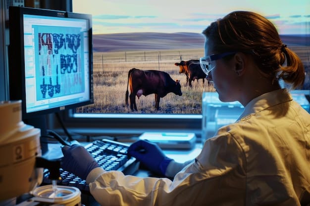 Close-up of a wildlife veterinarian in a sterile lab coat using advanced genetic sequencing equipment to analyze pathogen samples from a deceased bird, with detailed computer screens displaying data readouts.