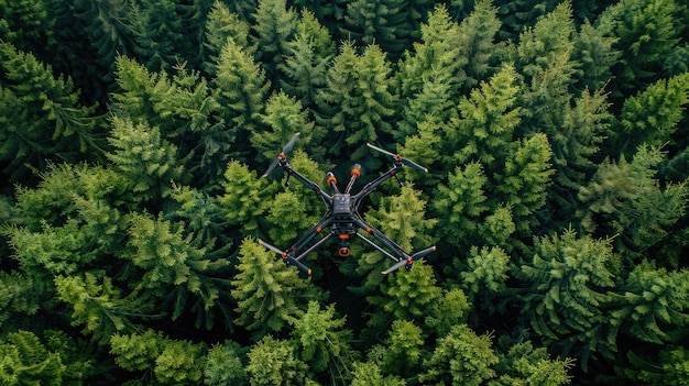 A high-resolution aerial shot of a drone dropping vaccine-laced bait packets in a dense forest, targeting areas frequented by wild foxes to combat rabies.
