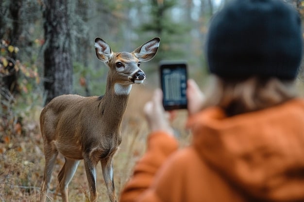 A close-up image of a wildlife biologist tagging a deer in a forest setting. The image should convey the sense of scientific monitoring and data collection used in wildlife management.