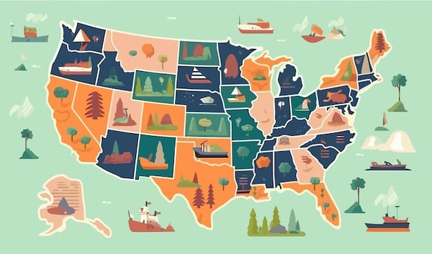 A map of the United States highlighting different regions with varying hunting and fishing regulations. The map should illustrate the diversity of approaches to wildlife management across the country.
