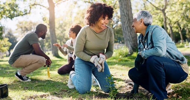 A photograph showing a diverse group of community members planting native trees and shrubs in a local park as part of a habitat restoration project. The scene is vibrant and filled with activity, highlighting the community's hands-on involvement in conserving wildlife habitats.