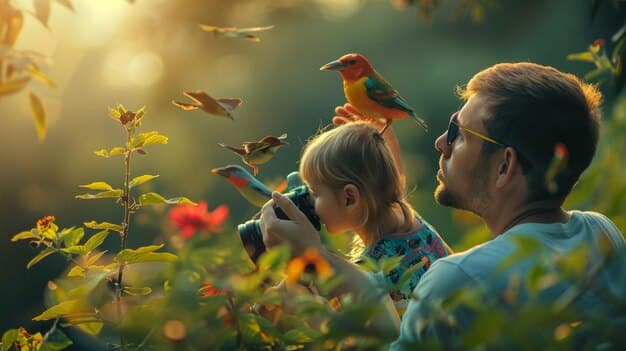 A photo captures a diverse group of children and adults excitedly observing birds through binoculars during a guided bird-watching tour led by a local ornithologist. The tour takes place in a lush, green area with various bird feeders and nesting boxes, indicating a well-maintained and thriving habitat.
