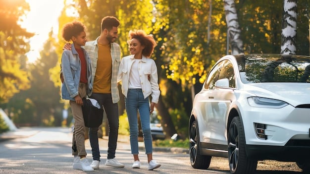 A diverse family smiling and driving a sleek electric SUV on a scenic road, with solar panels visible on houses in the background, subtly signifying sustainable living.