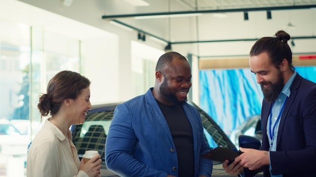 A diverse group of people reviewing EV models at a dealership, with a focus on affordability and the potential savings from tax credits, representing a broad demographic benefiting from the incentives.