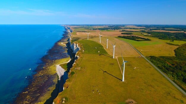 An aerial view of a vast offshore wind farm with numerous turbines turning in unison, symbolizing large-scale renewable energy generation and investment.