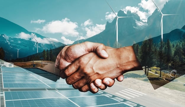 A close-up shot of hands shaking over a blueprint diagram of a solar farm, symbolizing a successful partnership and investment in renewable energy projects.