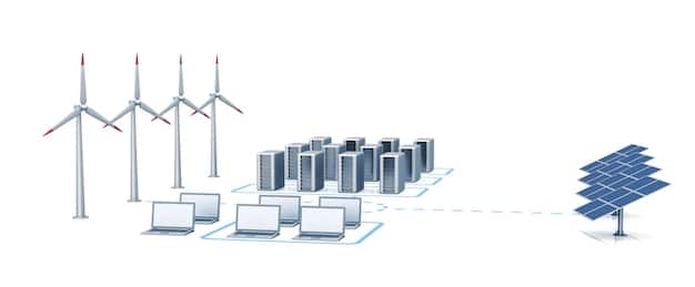 A detailed diagram showing the interconnectedness of a smart grid system with solar panels, wind turbines, and battery storage facilities, highlighting data flow and energy distribution.