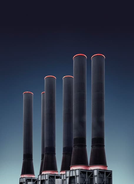 An advanced carbon capture facility with pipelines and smoke stacks emitting clean steam, set against a modern industrial backdrop.