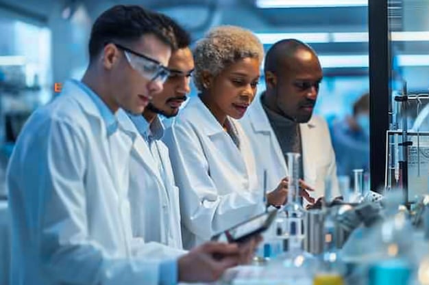 A diverse group of scientists and engineers collaborating in a modern laboratory, focusing on sustainable energy solutions like next-gen batteries and carbon-neutral materials.