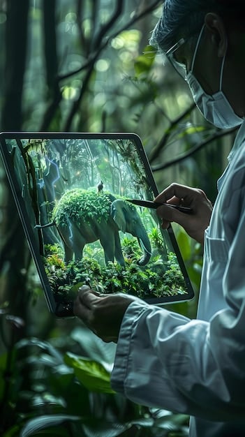 Scientists examining plant specimens and data on a digital tablet in a protected natural reserve, symbolizing updated scientific methodologies in wildlife conservation.