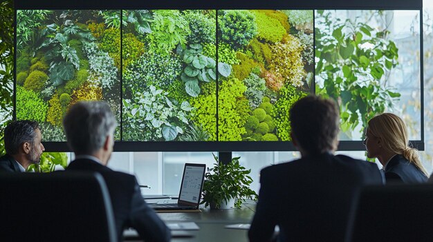 A group of environmental policy experts in a modern office discussing data on a large screen, symbolizing legislative efforts and strategic planning in wildlife protection.