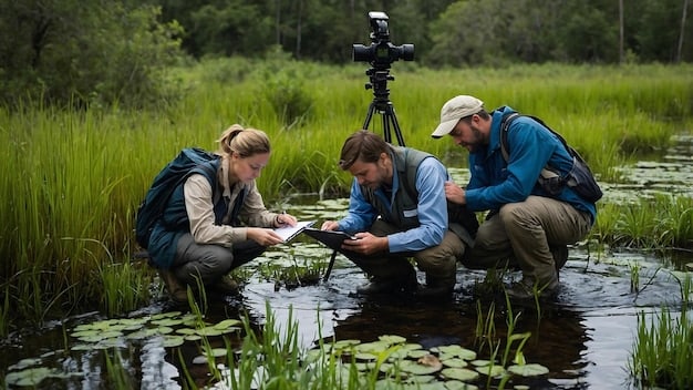 A group of scientists conducting fieldwork to monitor a rare bird species in a wetlands area, showcasing dedicated conservation efforts.